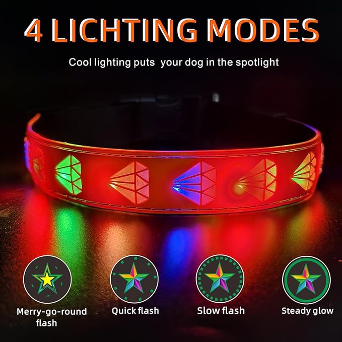 LED Dog Collar with Diamond Pattern, 15 Light Modes, with Bonus Pet ID Tag and Bell (RED Pro, M(11.8-15.7"))