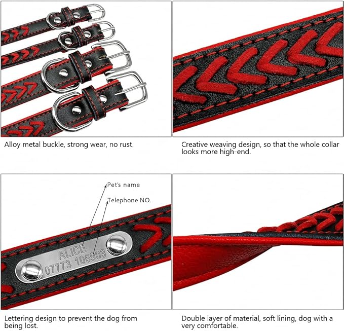 Customized Dog Collars Adjustable Padded Leather Personalized Pet Name ID Collar Free Engraving for Small Medium Large Dogs Cats Red XS