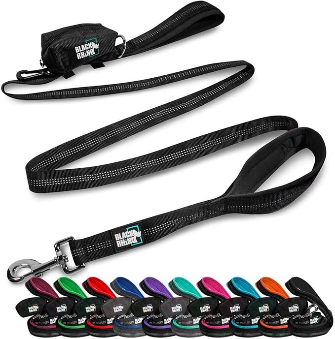 Black Rhino Heavy Duty Dog Leash - 6ft Long Leash for Medium and Large Dogs - Dual Handle Training Lead with Padded Grip, Bag, Reflective Stitching, and Weather Resistant