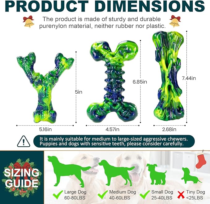 Indestructible Dog Chew Toys for Aggressive Chewers: 3-Pack Peanut Butter Flavored Tough Nylon Chew Bones for Medium & Large Dogs 25–80 lbs, Long-Lasting St. Patrick's Day Dog Gift (Green)