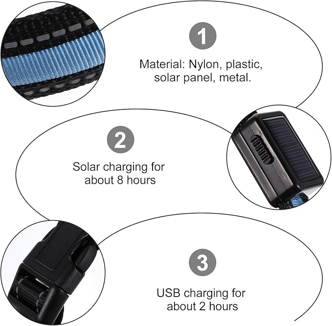 LED USB Rechargeable Dog Collar, Blue Small Glowing Pet Collar with Solar-Powered Flashing Light for Night Walking and Outdoor Safety