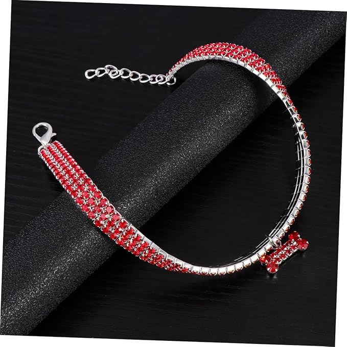 Adjustable Rhinestone Pet Dog Collar Shining Bone Pendant Luxury Necklace Red Comfortable Fit for Walking Outdoor Sports