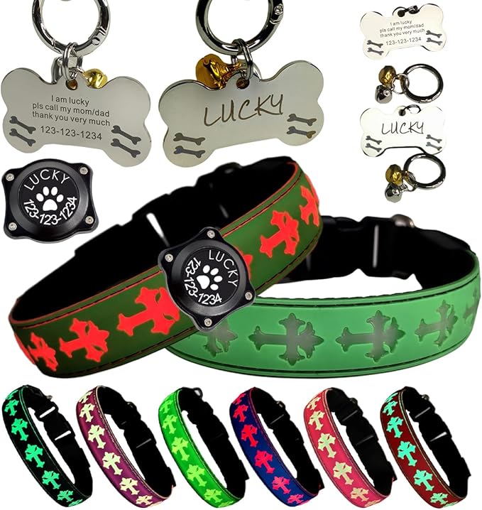 Pet Collar with AirTag Holder and ID Tag, 15 Lighting Modes, Waterproof Cross Pattern Design, Multiple Colors (Green, S(7.87-11.8"))