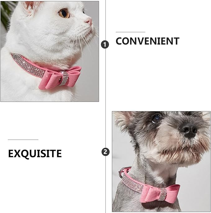 Luxshiny Adjustable Pink Rhinestone Pet Dog Collar with Bow Tie, 51x2.5cm Microfiber Large Dog Collar for Outdoor Training and Daily Use