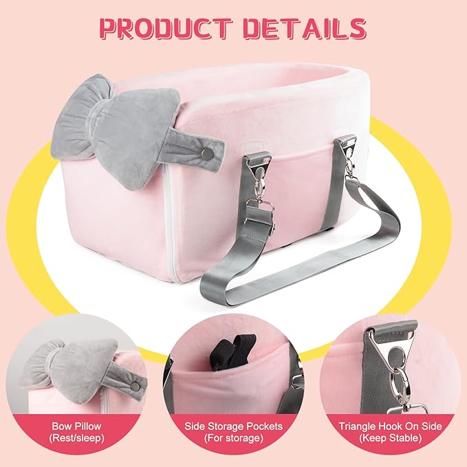Center Console Dog Car Seat for Small Dogs Under 12lbs, Portable Middle Console Dog Booster Seat, Detachable Armrest Puppy Seat with Storage Pockets, Butterfly Pillow and Safety Leash(Pink)