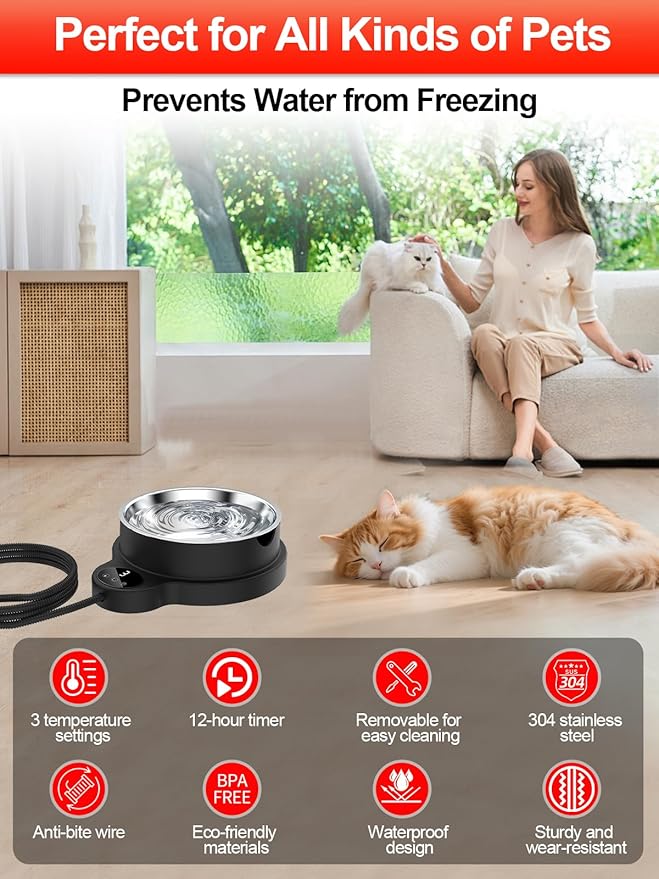Heated Water Bowl for Outdoor Cats Dogs,100W Thermal Pet Bowl with 3 Temperature Settings and Timer,50oz Heated Dog Water Dish with Removable Stainless Bowl,Heated Bird Bath in Winter for Duck, Chicks