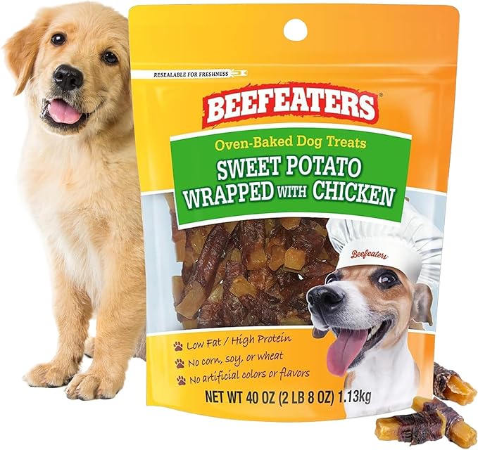 Beefeaters Sweet Potato Wrap with Chicken – Dog Treat. No Corn, Wheat, Soy or Gluten, Low Fat, Whole Muscle Jerky, Ideal for Training & Snacks