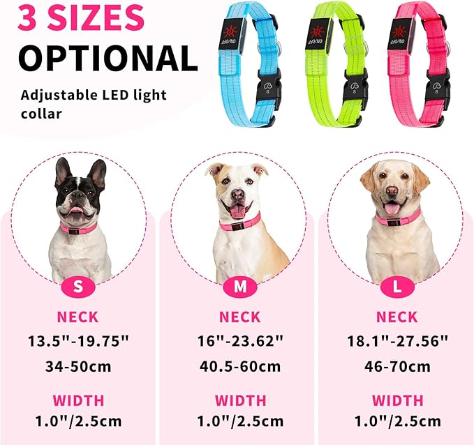 Light Up Dog Collars, LED Dog Collar Light Adjustable USB Rechargeable Super Bright Safety Light Glowing in The Dark Reflective Dog Collar for Medium Large Small Dogs