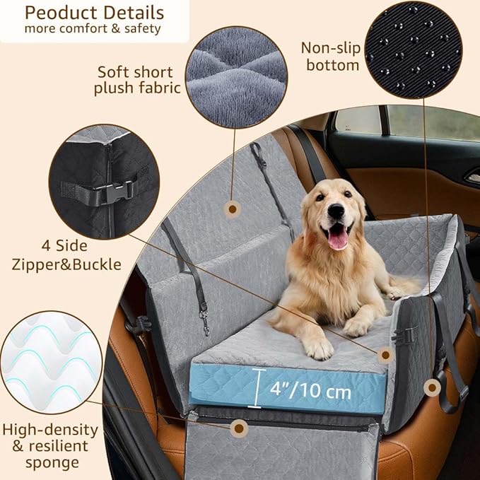 unipaws Dog Car Seat for Medium/Large Dogs up to 120lbs, Pet Booster Seat with 2 Safety Belts & Side Pockets, Easy Front/Side Entry, Detachable, Washable Pet Car Bed for Backseat (Black/Grey)