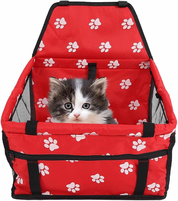 Pet Carrier Cage Dog Car Seat Bear Pattern Washable Foldable Pet Safety Travel Seat with Support Rod for Cars Oxford Cloth Material (Red paw Print Support Stick Style)