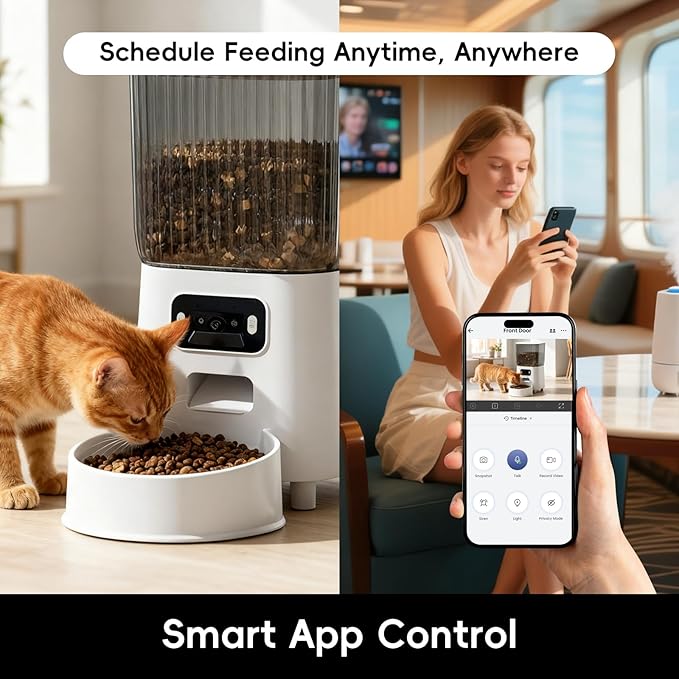 5L Smart Pet Feeder with HD Camera, WiFi Automatic Food Dispenser, Dual Stainless Steel Bowls, App Control, Voice Recorder, Motion Detection for Small and Medium Pets