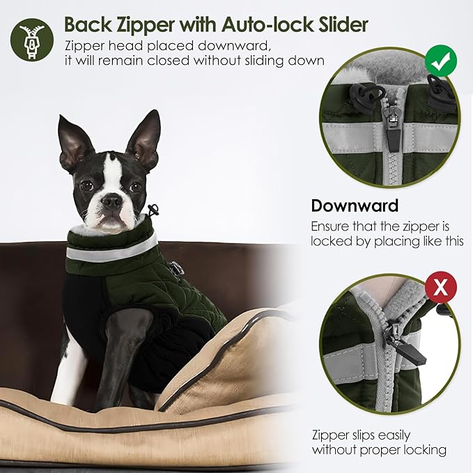 AOFITEE Dog Coat, Warm Dog Winter Coat, Reflective Cold Weather Dogs Puffer Jacket with Harness Built in, Waterproof Pet Fleece Vest Snowsuit for Small Medium Large Dogs, Green L