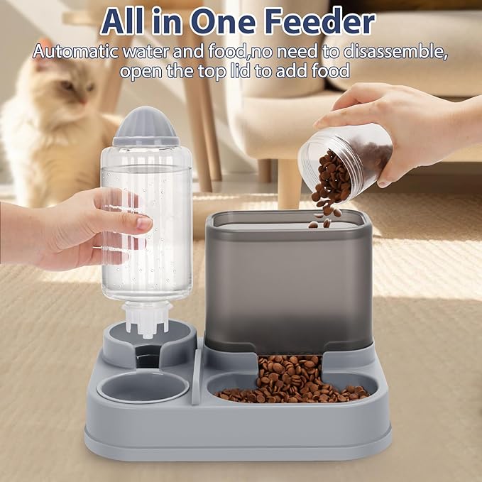 Yummy Sam Automatic Cat Feeder and Water Dispenser, 2 in 1 Large Capacity Gravity Small Pet Auto 2.5L Pet Feeder and 1L Waterer Set Feeder Dish for Small Medium Pets Dog Puppy Kitten (Grey Black)