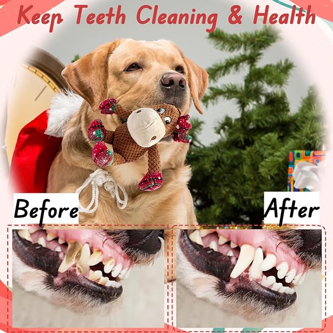 Christmas Dog Squeaky Toys with Crinkle, Xmas Interactive Plush Dog Toys, Dog Enrichment Chew Toys to Keep Them Busy, Dog Toys for Small Medium Large Dogs, Puppy Toys - Deer