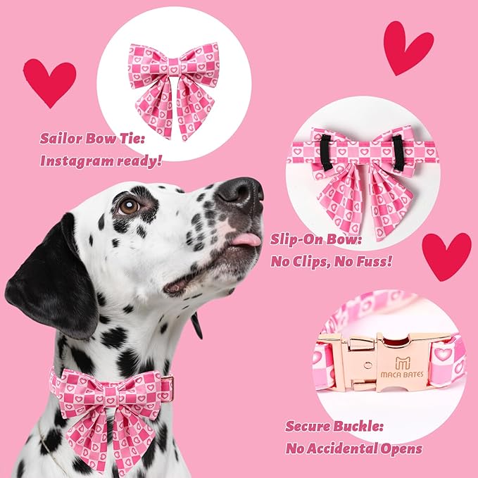 Maca Bates Valentine's Day Dog Collar with Sailor Bow for Extra Large Girl Boy Dogs,Checkered Pink Love Hearts Pattern,Adjustable Durable Soft Plaid Valentine Gift for Female Male Puppy