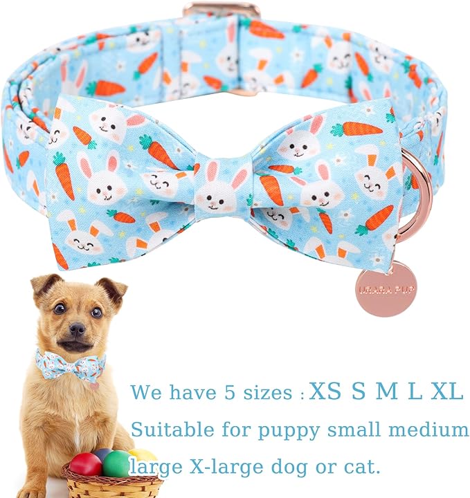 Easter Dog Collar With Bow Tie, Cotton Carrot Bowtie for Large Girl Boy Dog, Cute Bunny Pet Collar With Metal Buckle, Gift, S