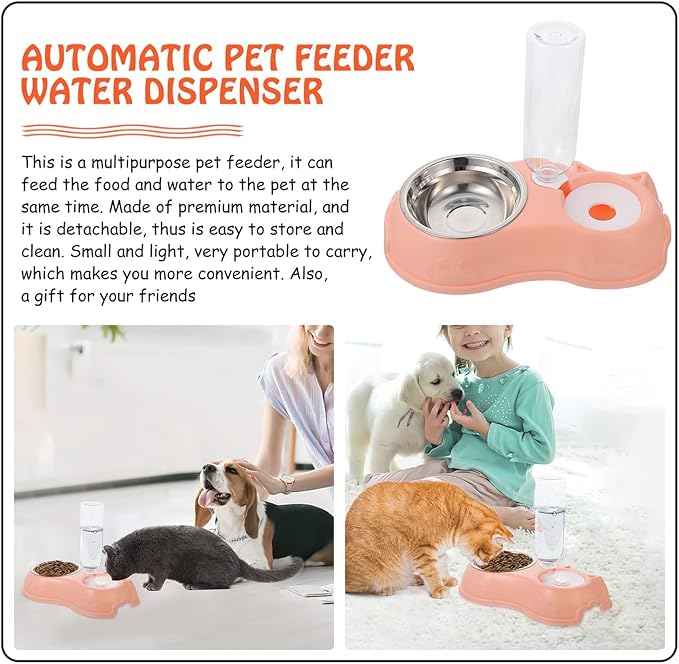 Automatic Pet Feeder and Water Dispenser Bowl Set, Dual Pink Food and Water Bowls for Dogs and Cats, Pet Feeding Tool for Home and Travel