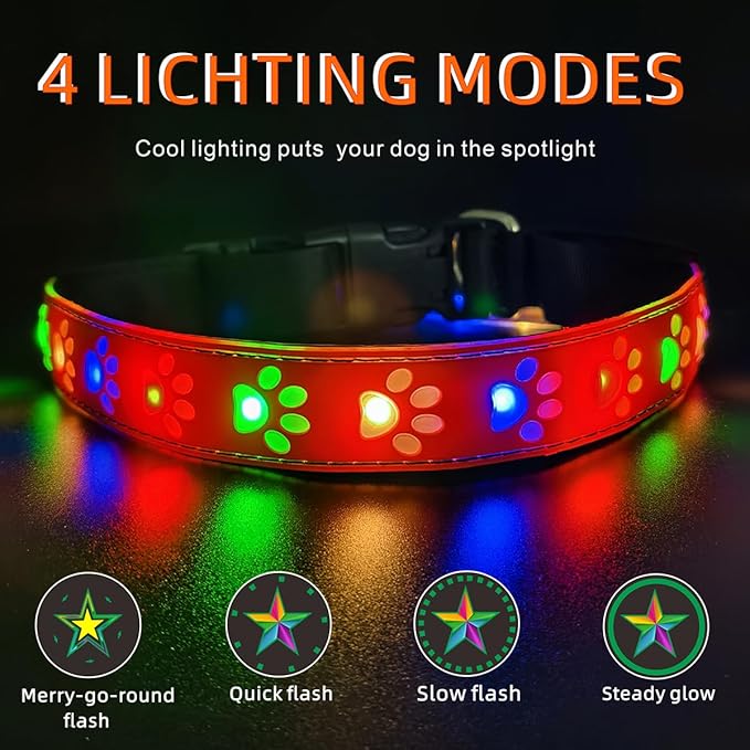 LED Light Up Dog Collar, USB-C Rechargeable, Multicolor Paw Print Design, 15 Modes Lighting Night Safety (Pink Pro, L(15.7-19.7"))