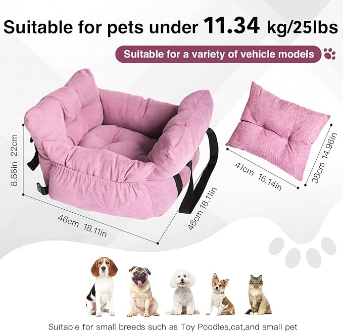 Pet Car Booster Seat for Small Dogs up to 25 lbs with Safety Straps, Storage Pockets, Travel Carrier Bed with Detachable Cover, Machine Washable (Pink)
