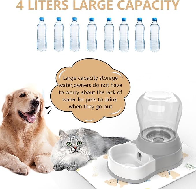 1 Gallon Automatic Dog Water Dispenser, Premium Large Capacity Gravity Pet Water Bowl with Non-Slip Mat for Multiple Pets, BPA-Free Cat Water Feeder for Large Dogs, Refill Less Often, Grey