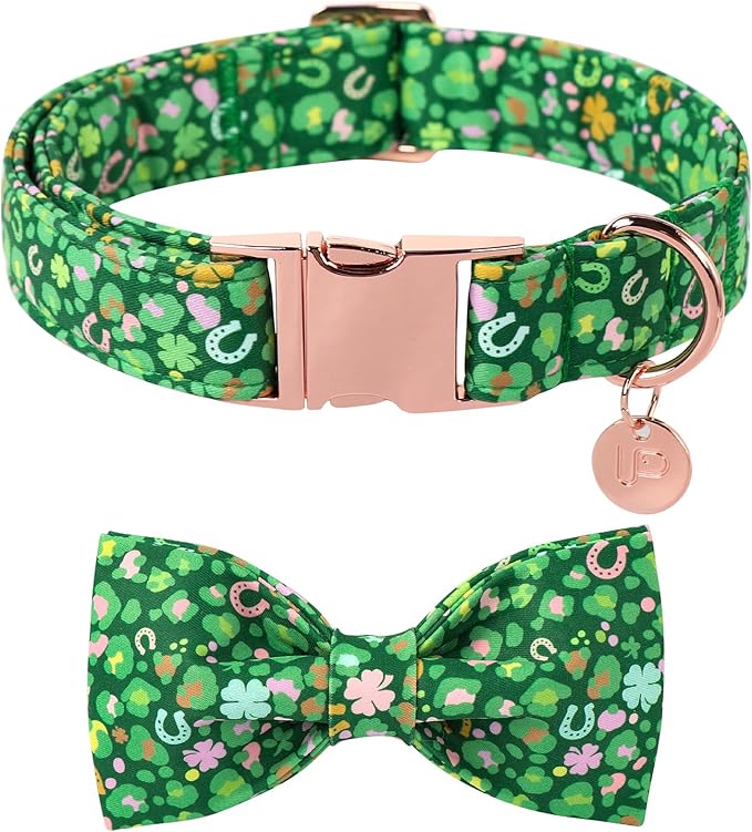 St. Patrick's Day Dog Collar with Bow Tie, Spring Shamrock Bowtie Collar for Girl Boy Dog, Lucky Clover Dogs Collars with Metal Buckle, Green Collars for Dogs, S, Neck 10-16in