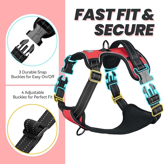 VIVAGLORY Dog Harness Easewalk No Pull Dog Harness with Handle Front Clip & Back Clip for Training Walking Lifting, No Pull Adjustable Easy On Padded Comfortable for Pet, L, Red - Plain