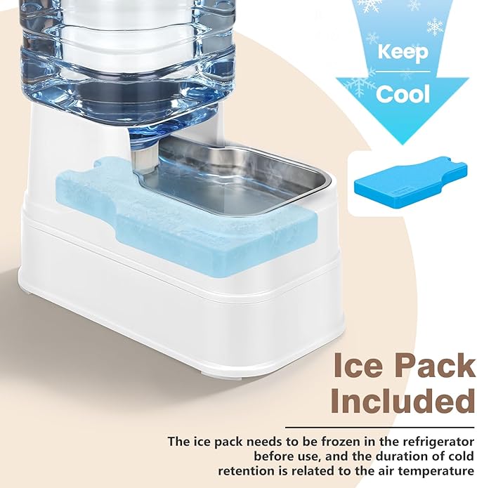 1.1 Gallon Pet Automatic Dog Water Dispenser Cat Gravity Waterer Feeder with Stainless Steel Bowl Large Capacity Puppy Feeding Raised Bowls with Filter,Ice Pack (White, 4L(1.1 Gallon))