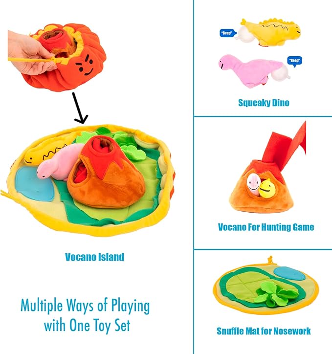 Multi-Purpose Dog Plush Toy Set, Volcano Island Snuffle Mat with Squeaky Dinosaurs, Pet Hunting Game and Nosework Toy