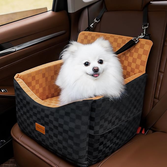 VibeBay Dog Booster Seat for Small Dogs up to 25 lbs,Memory Foam - Elevated Car Bed with Safety Leash & Storage Pocket, Fully Detachable & Machine Washable for Easy Travel