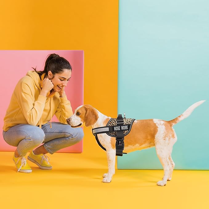 Dogline Unimax Dog Harness Vest with Nose Work Patches Reflective No-Pull, Adjustable Straps, Breathable Neoprene for Medical, Service, Identification and Training Dogs Girth 15 to 19" Leopard Brown