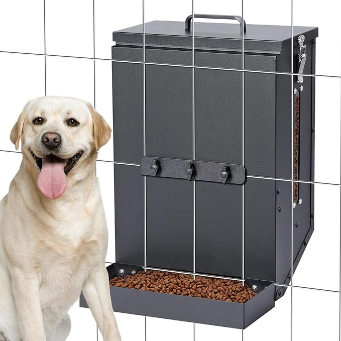 Hanging Cage Automatic Dog Feeder Large Breed,12L Dog Food Dispenser with Large Feeding Mouth Kennel-Gravity Pet Cage Feeder Galvanized Steel for Pet Crate & Metal Wire Kennel Indoor & Outdoor