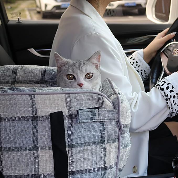 Dog Car Seat Pet Booster Seat ON Car Armrest Perfect for Small Pets, Interactive Dog Console Car Seat,Pet Travel Safety Car Seat,Portable Dog Car Travel Carrier Bed with Safety Buckle