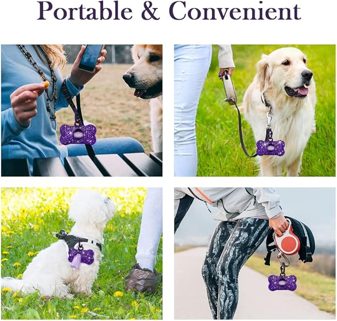 SAVORI Dog Poop Bag Holder Bling Crystal Dog Waste Bags Dispenser for Pet Dog Doggy with Carabiner Clip Includes 1 Roll 15 Bags (Purple)