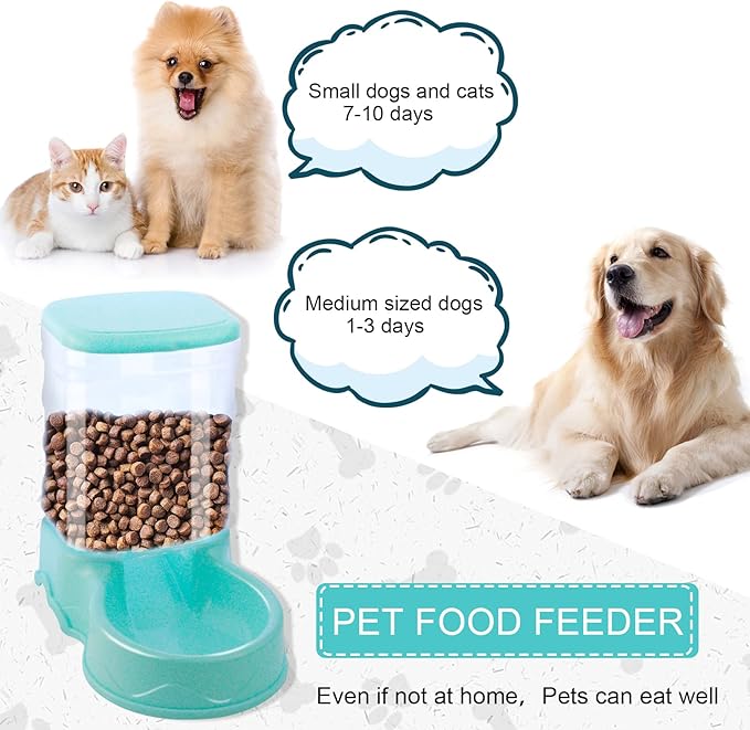 2 Pack Automatic Cat Feeder and Water Dispenser Self Feeding Replenish Eating Bowl Storage Container for Cats Small Dogs Pets Gravity Feeder and Waterer Set Dog Cat Pet Food Bowl 3.5 L