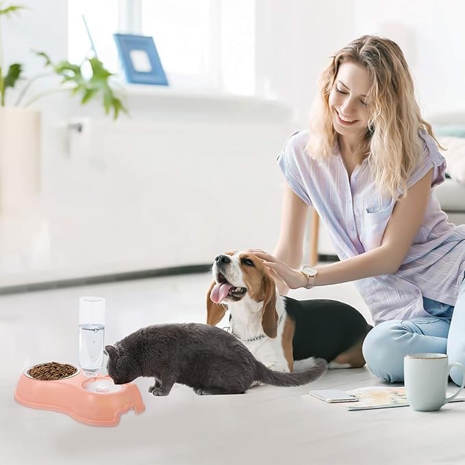 HEMOTON Automatic Dual Pet Feeder and Water Bowl Set, Pink Plastic Cat and Dog Food Dispenser with Water Bottle, Suitable for Puppies and Kittens, Convenient Pet Feeding Solution