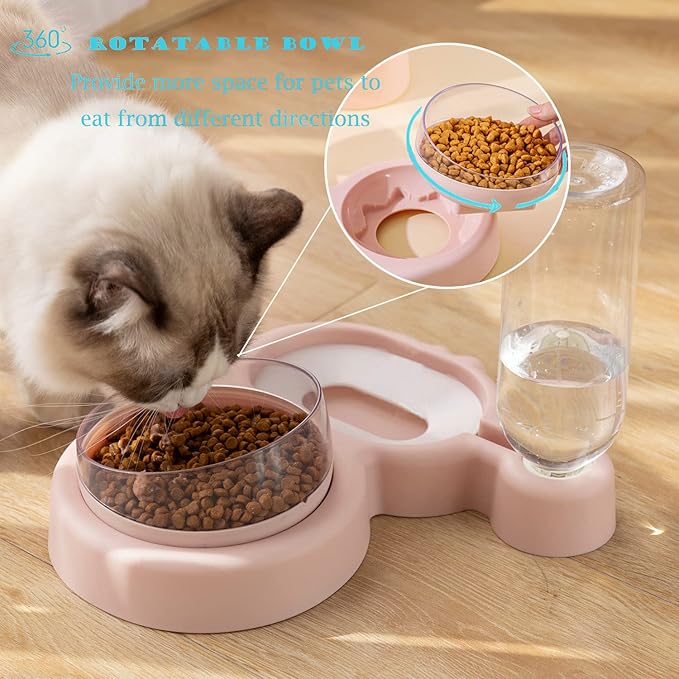 Raised Cat Bowls, 15 Tilted Puppy & Cat Food & Water Bowl Set with Automatic Water Dispenser Bottle - Pink