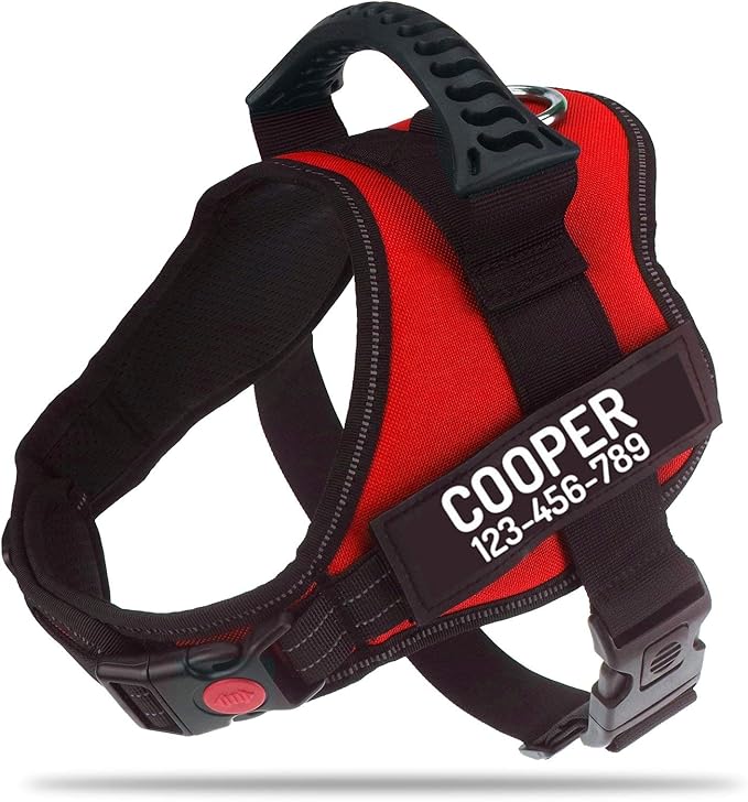Personalized No Pull Dog Harness with Custom Name and Phone Number by PawPawify, Heavy Duty Pet Vest to Prevent Tugging, Pulling, or Choking, Training and Walking Red