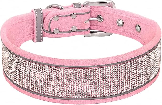 Crystal Reflective Dog Collar Gilter Rhinestone Dog Soft Collars with Buckle Dimond Pet Puppy Collars for Small Medium Large Dog Pink S