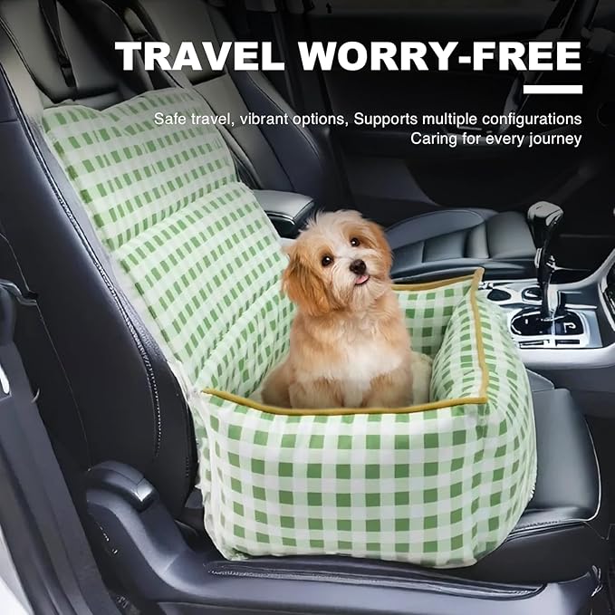 Pet Car Booster Seat for Small Dogs & Cats up to 25 lbs – Plaid Travel Seat with Safety Leash, Adjustable Straps, Non-Slip Base, 2-in-1 Convertible Bed, Detachable & Washable (Green Plaid)
