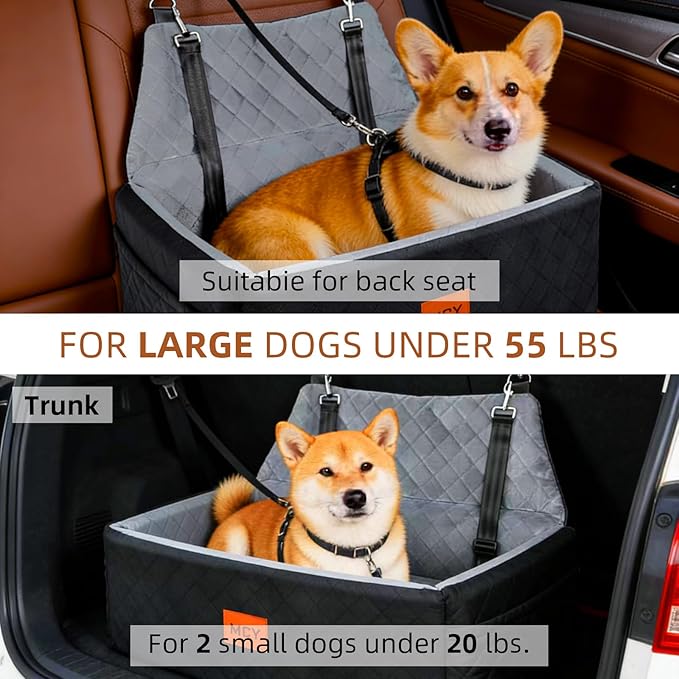 MCY Dog Car Seat for Large Medium Dogs, Dog Booster Seat with Thick Cushion, Portable Washable Pet Under 55 lbs, 2 Safety Leashes Travel Car Bed, Suitable for Home and Outdoor, Black/Grey