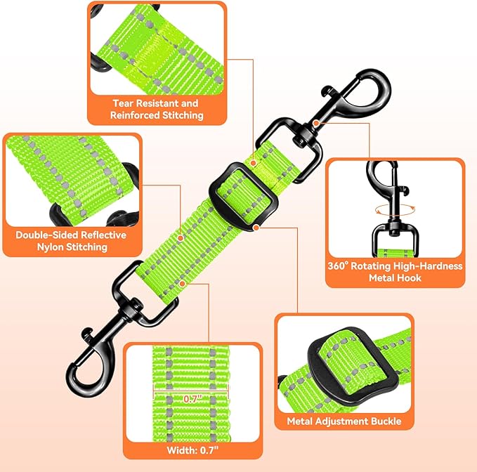 Dog Collar Safety Clip, Adjustable Backup Safety Strap, Double-Ended Leash Connector, High Reflectivity, Suitable for Dog Harnesses to Collar Safety Clips (Neon Green)