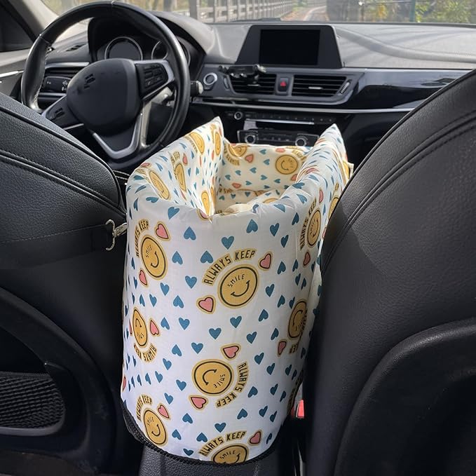 Center Console Dog Car Seat with Safety Strap Soft Cotton Cushion Detachable Armrest Pet Seat for Small Dogs Cats Under 14lbs Portable Travel Bag for Cars SUVs (Yellow)