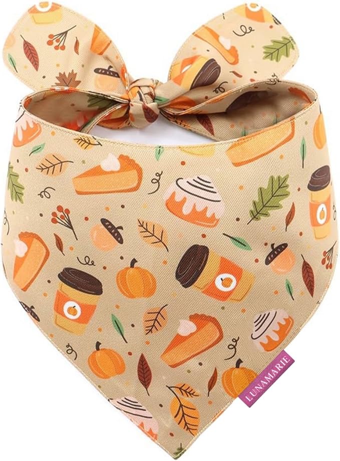 LunaMarie - Luxury Dog Bandanas - Pumpkin Spice Fall Design | Premium & Silky Poly Fabric | 100% Handmade Quality | Custom Shape Dual Layered Reversible Small, Medium, Large Pet (Fall Sweets, Large)