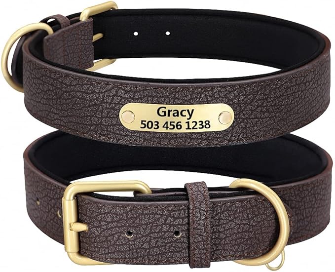 Personalized Dog Collar Custom Leather Dog Collars Soft Inner Padded Pet ID Collar for Small Medium Large Dogs Pitbull Bulldog Coffee M