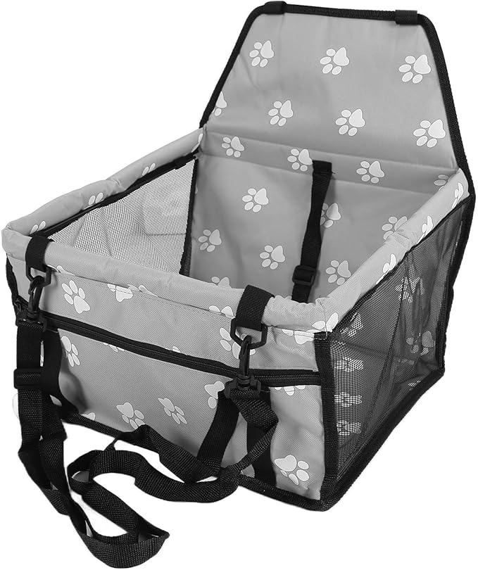 Pet Carrier Cage Dog Car Seat Bear Pattern Washable Foldable Pet Safety Travel Seat with Support Rod for Cars Oxford Cloth Material (Gray paw Print Support Stick Style)