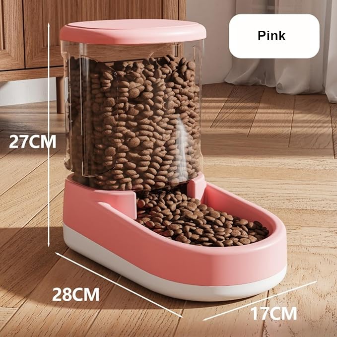 Gravity Pet Feeder & Water Dispenser Set (2Pcs), 1 Gallon Large Capacity Auto-Fill Top Fill Dog Cat Bowl, Fully Transparent Food Container with 6° Tilted Base for Healthy Feeding (Pink)