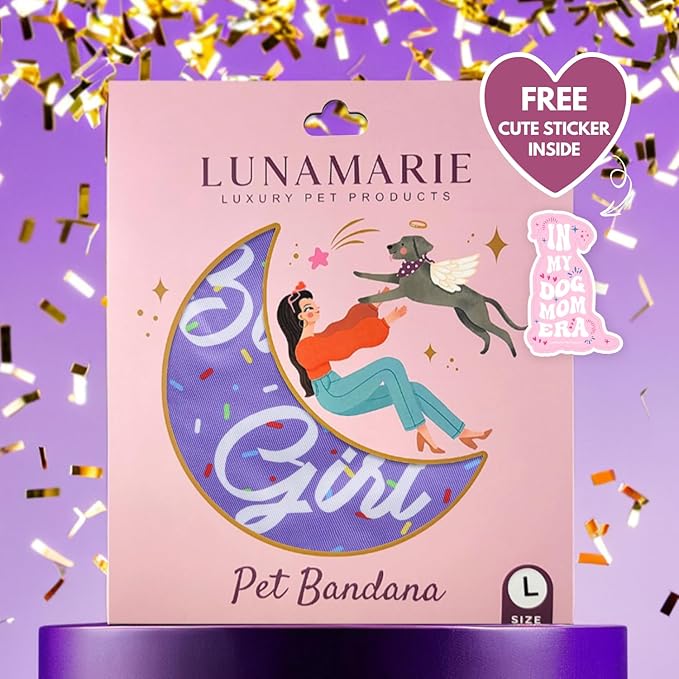 LunaMarie - Luxury Pet Birthday Bandanas -Premium & Silky Poly Fabric | 100% Handmade | Custom Shape Dual Layered (Birthday Girl Purple, Large)