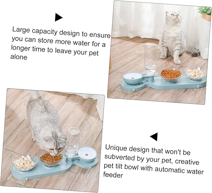 Balacoo Pet Food Holder Tilt Double Bowels Automatic Water Dispenser Bottle Cat Water Feeder Blue