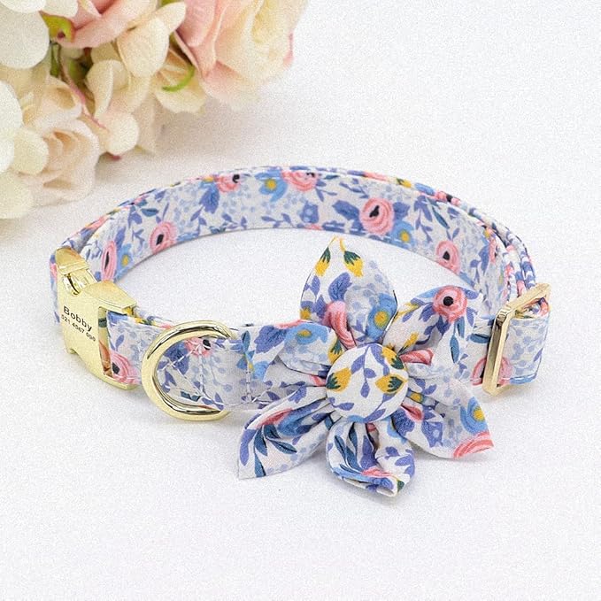 Flower Custom Dog Collar Printed Pet Nylon Dogs Collar Personalized Chihuahua Puppy Collars for Small Medium Large Dog Blue L