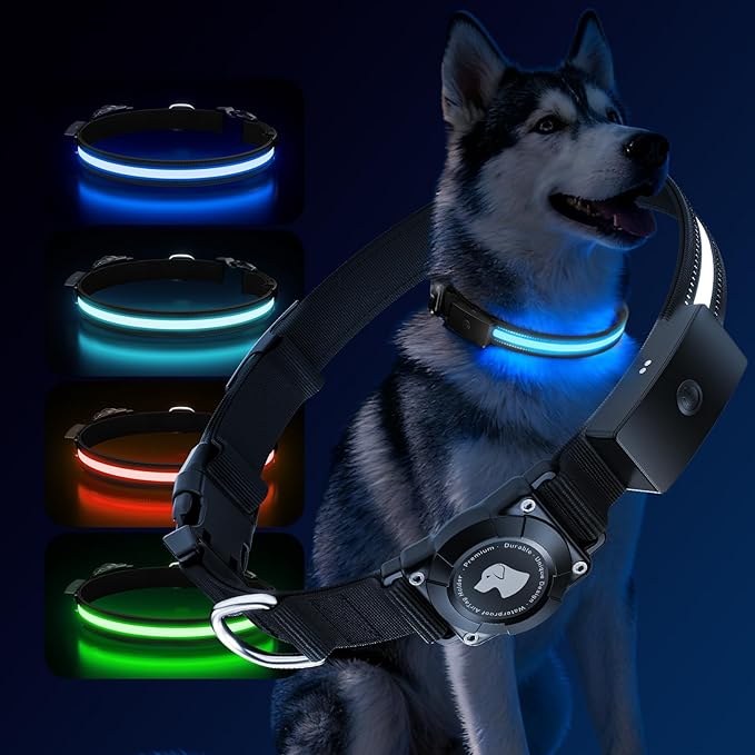 LED AirTag Dog Collar - Brightest Light Up Dog Collars - IP68 Waterproof Air Tag Dog Collar Holder - 1,600 Feet of High Visibility - Magnetic Charging - Dog Lights for Night Walking, Black M